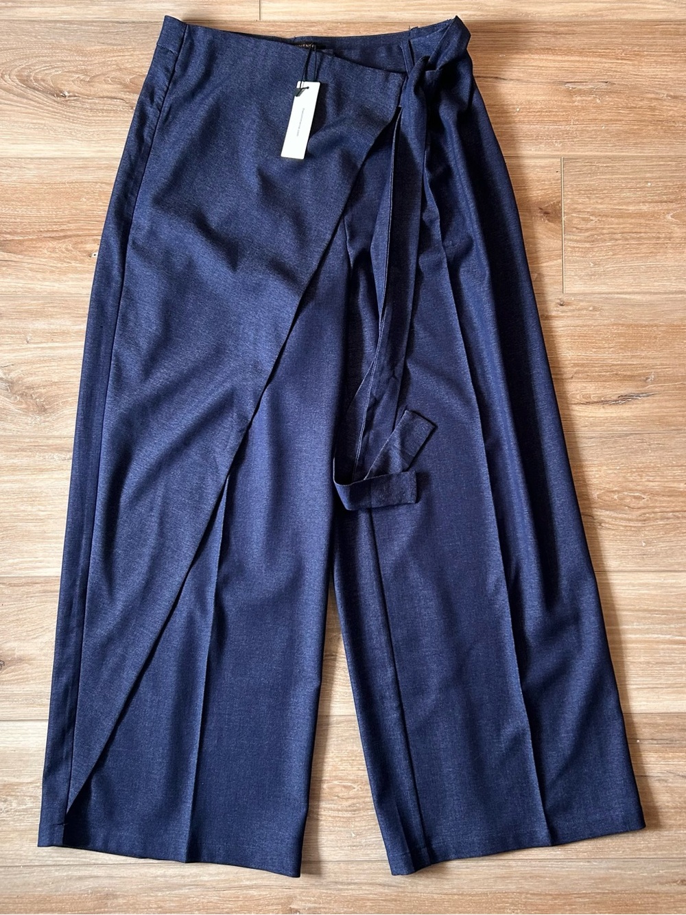 Navy Asymmetric Wrap Wide-Leg Pants with side ties